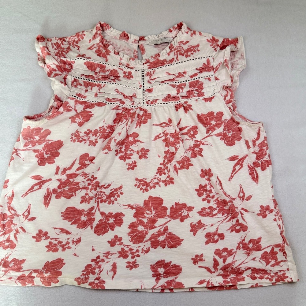 Lucky Brand Red Floral Ladder Lace Ruffle Neck Sleeveless Cotton Top Large